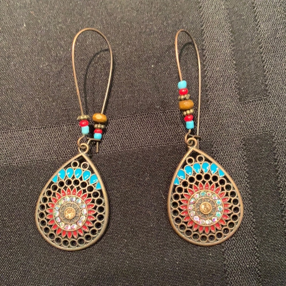 Bronze earrings with multicolored beads